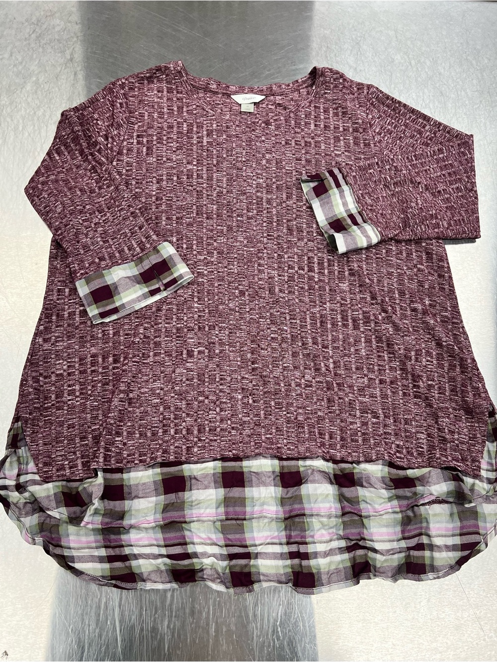 CJ Banks Wine Knit Top with Plaid Hem and Cuffs Women’s 2X